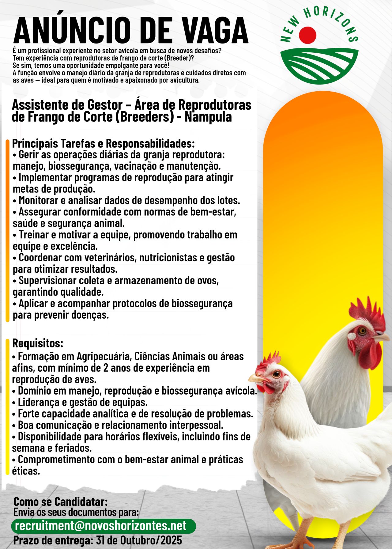 Vaga – Assistente de Gestor – Área de Reprodutoras de Frango de Corte (Breeders)