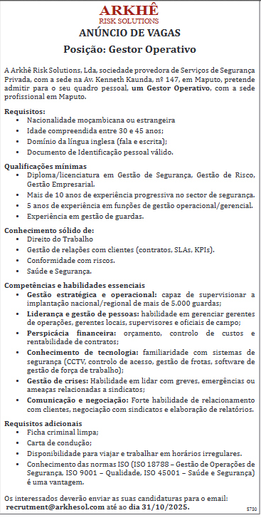 Vaga – Gestor Operativo