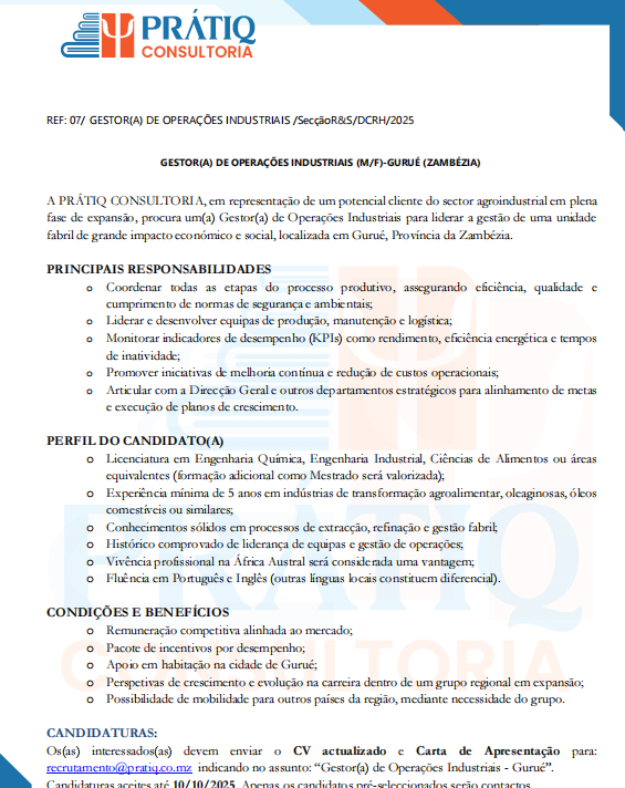 Vaga – Gestor(a) de Operações Industriais – Gurué