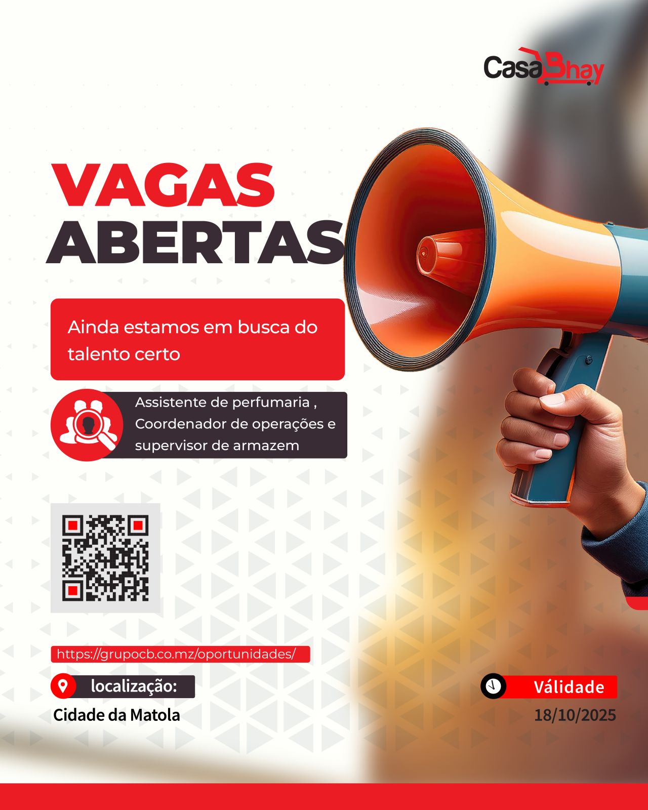 Vagas Abertas – (Assistente de perfumaria, Coordenador de operações  e Supervisor de armazém)