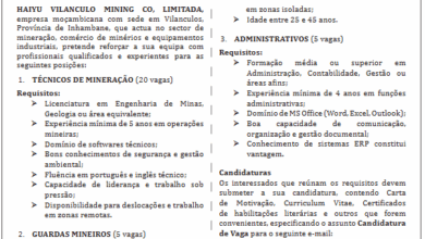 Vagas – (20) Técnicos de Mineração – Vilanculos