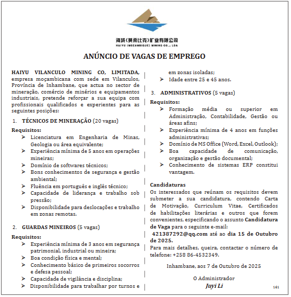 Vagas – (20) Técnicos de Mineração – Vilanculos