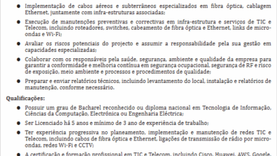 Vagas – (8) Engenheiros de TIC/Telecomunicações