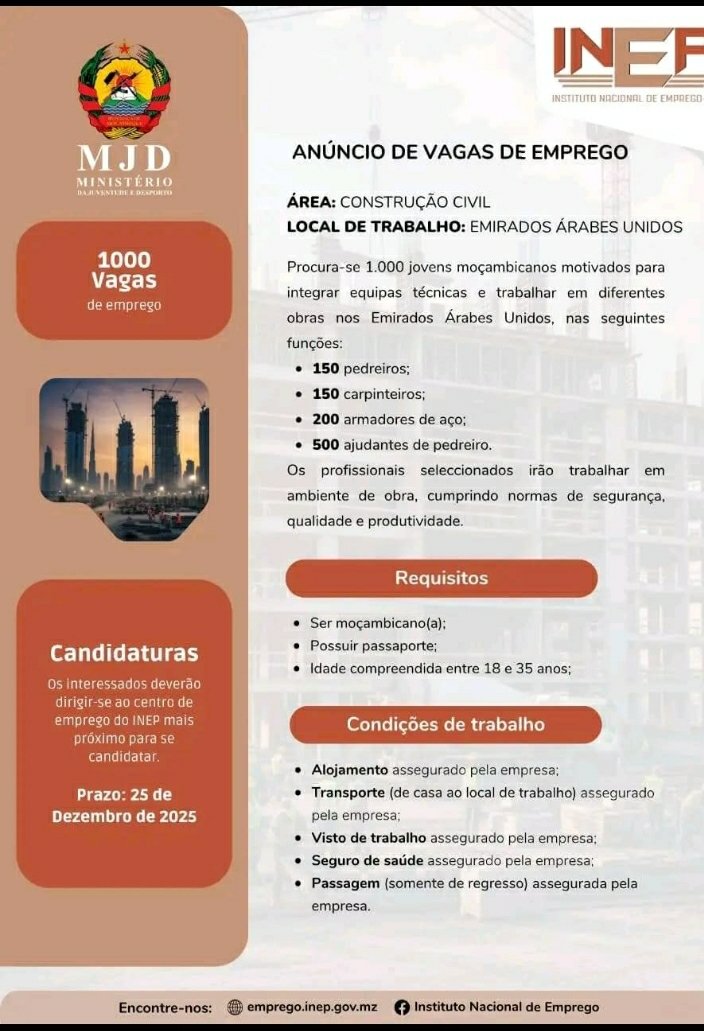 1000 Vagas de emprego para jovens Moçambicanos na construção civil