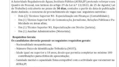 A AURA,IP está a recrutar (5) Técnicos de Diferentes Áreas
