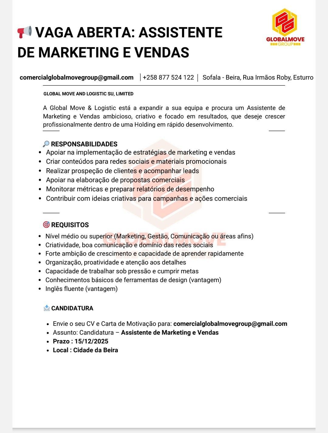 Vaga – Assistente de Marketing e Vendas