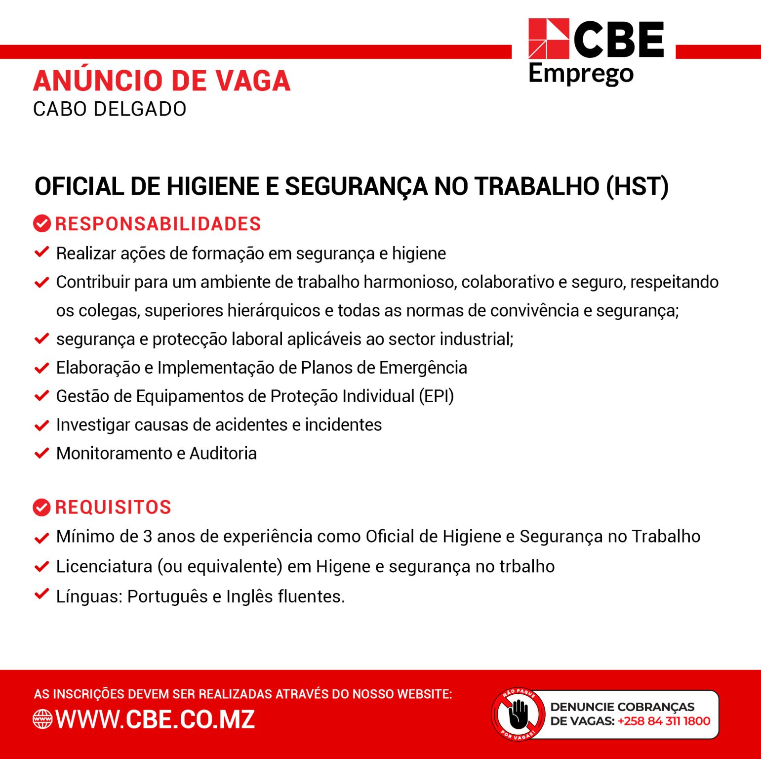 Vaga – Oficial de Higiene e Segurança no Trabalho (HST) – Montepuez