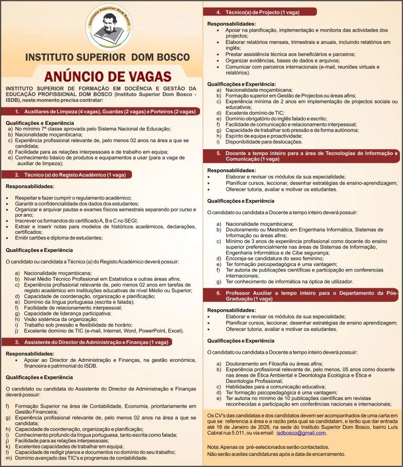 VAGAS DISPONÍVEIS (13) – INSTITUTO SUPERIOR DOM BOSCO (ISDB)