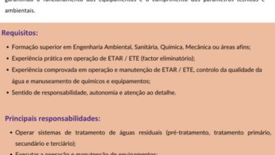 Vaga – Técnico Sénior de Operação e Manutenção de Águas Residuais (ETAR/ETE)