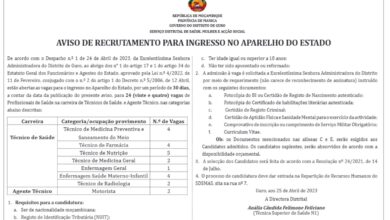 Vagas para (24) Profissionais de Saúde na carreira de Técnicos de Saúde, e Agente Técnico