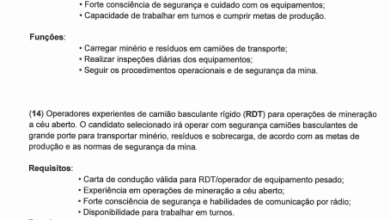 Vagas – (14) Operadores experientes de camião basculante rígido (RDT) e (3) Operadores experientes de (Escavadoras)