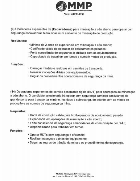 Vagas – (14) Operadores experientes de camião basculante rígido (RDT) e (3) Operadores experientes de (Escavadoras)