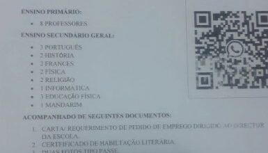 Vagas – 8 Professores do Ensino Primário e 16 Professores do Ensino Secundário