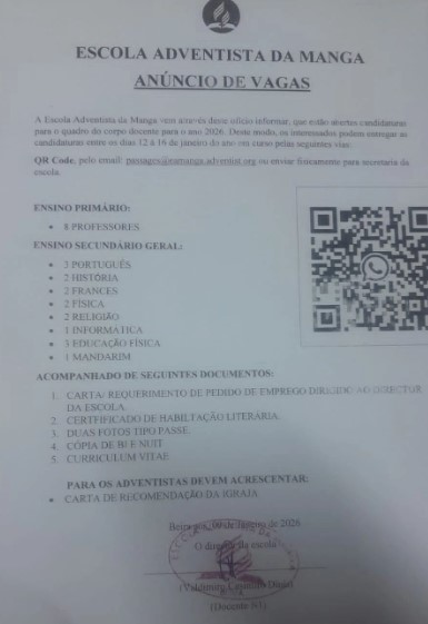 Vagas – 8 Professores do Ensino Primário e 16 Professores do Ensino Secundário