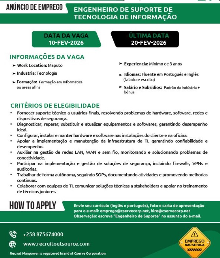Vaga: ENGENHEIRO DE SUPORTE DE TECNOLOGIA DE INFORMAÇÃO