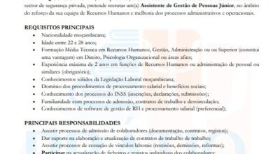 Vaga – Assistente de Operações de RH (Júnior)- (M/F) – MATOLA