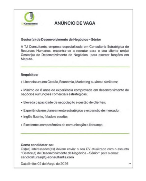Vaga – Gestor(a) de Desenvolvimento de Negócios – Sénior