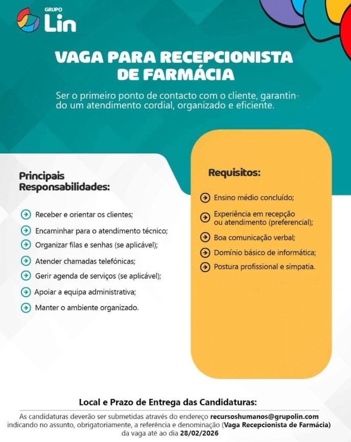 Vaga – Recepcionista de Farmácia