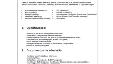 Vagas para (10) Docentes no currículo Cambridge e Administração
