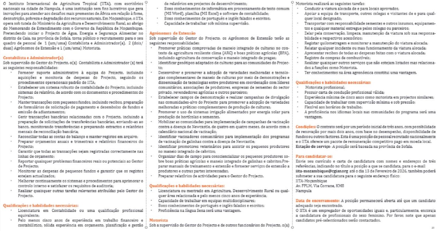 Vagas – 1 Contabilista e Administrador(a), 2  Agrónomos de Extensão e 1 Motorista