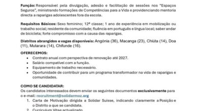 Vagas – (114) Mentoras Comunitárias – Angónia (36), Macanga (23), Chiúta (14), Doa (11), Mutarara (14), Chifunde (16)